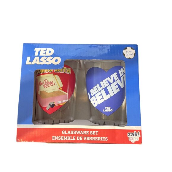 Ted Lasso Glassware Set 16 Oz By Zak! Smiles - I Believe In Believe & Biscuits W - Picture 2 of 2